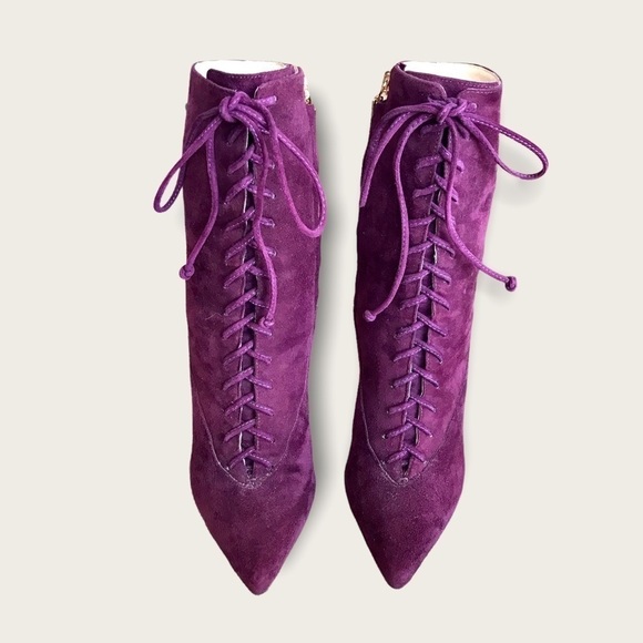 $349 Vero Cuoio Plum/Burgundy Genuine Leather/Suede LaceUp Stiletto Ankle Bootie - Picture 3 of 11